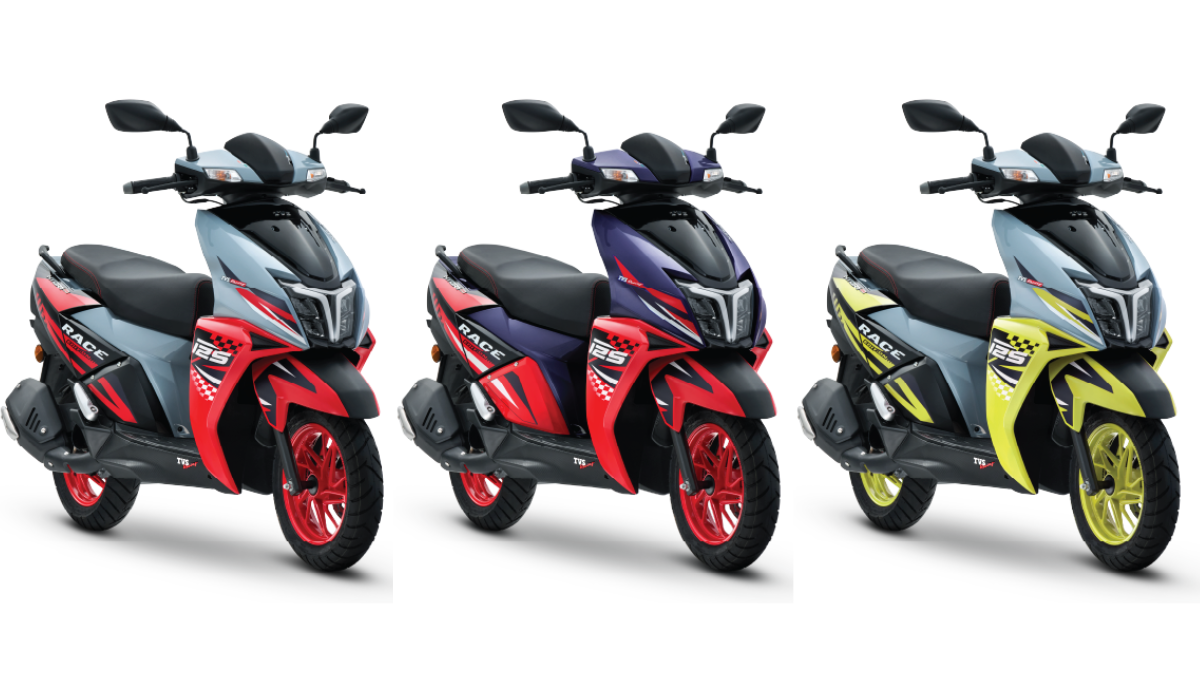 The sporty scooter that refuses to act like a commuter 1 Three scooters in blue, red, and green options with colourful alloy wheels shown side by side, Race variant context.