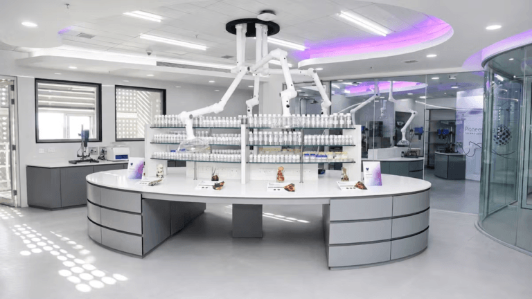 Modern white laboratory with curved benches, ceiling robotic arms, and glass shelves of sample bottles at the Mumbai hub.