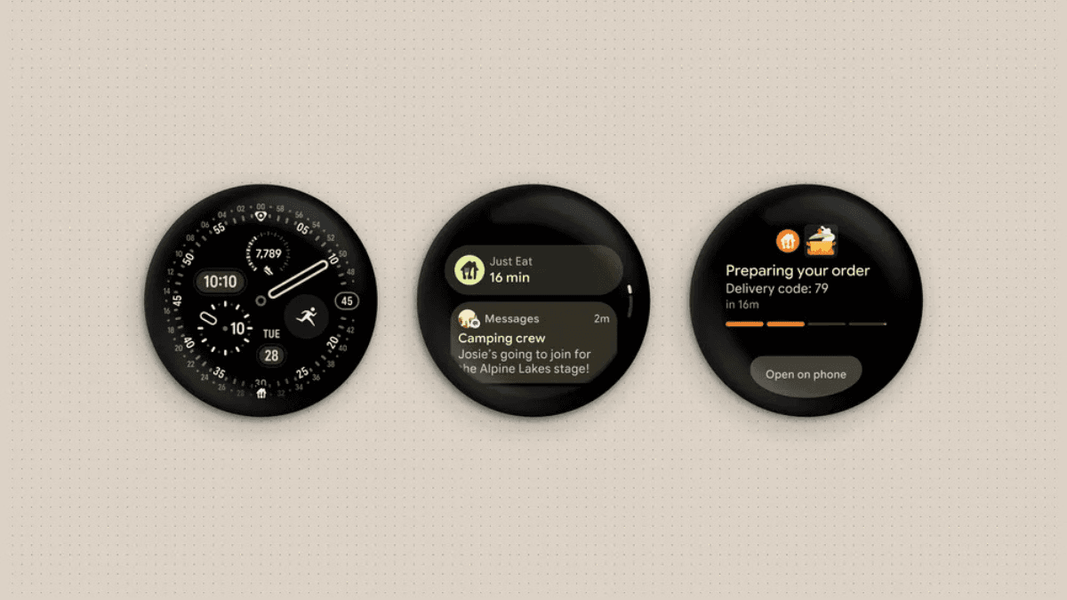 Wear OS 7 brings a 10% battery boost to Pixel Watches 1 Three circular smartwatch screens showing a step tracker, a Just Eat alert, and an active order progress bar.
