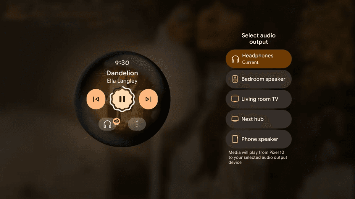 Wear OS 7 brings a 10% battery boost to Pixel Watches 2 Smartwatch screen playing music next to a digital audio output menu listing headphones and living room speakers.