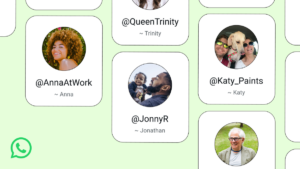 Profile cards displaying custom handles and circular avatars over a light green background with a WhatsApp chat logo.