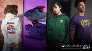 Models in a Forza hoodie, green Halo hoodie, and purple tee alongside plushies from the global Xbox storefront.
