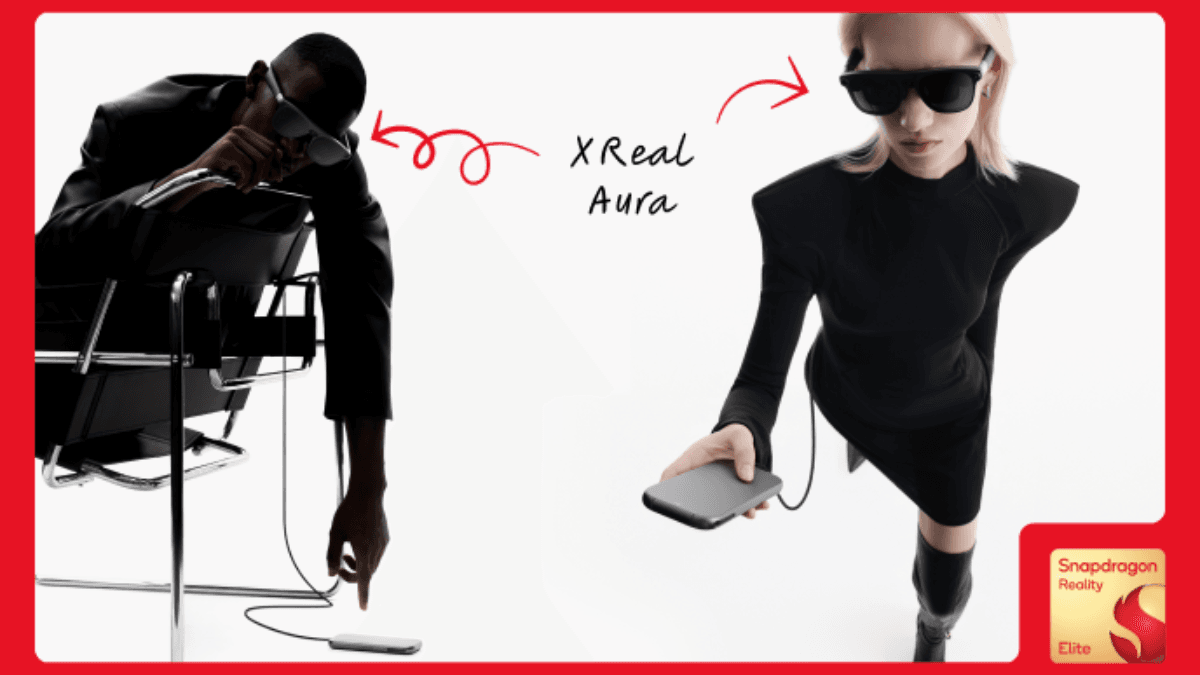 At roughly ₹1,25,000 these glasses run native Android apps 1 Models wearing black smart glasses tethered to a grey compute puck beside a Snapdragon Reality Elite logo on a red border.