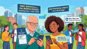 Illustrated people holding mobile phones in a park with text callouts explaining a profile update app in India.