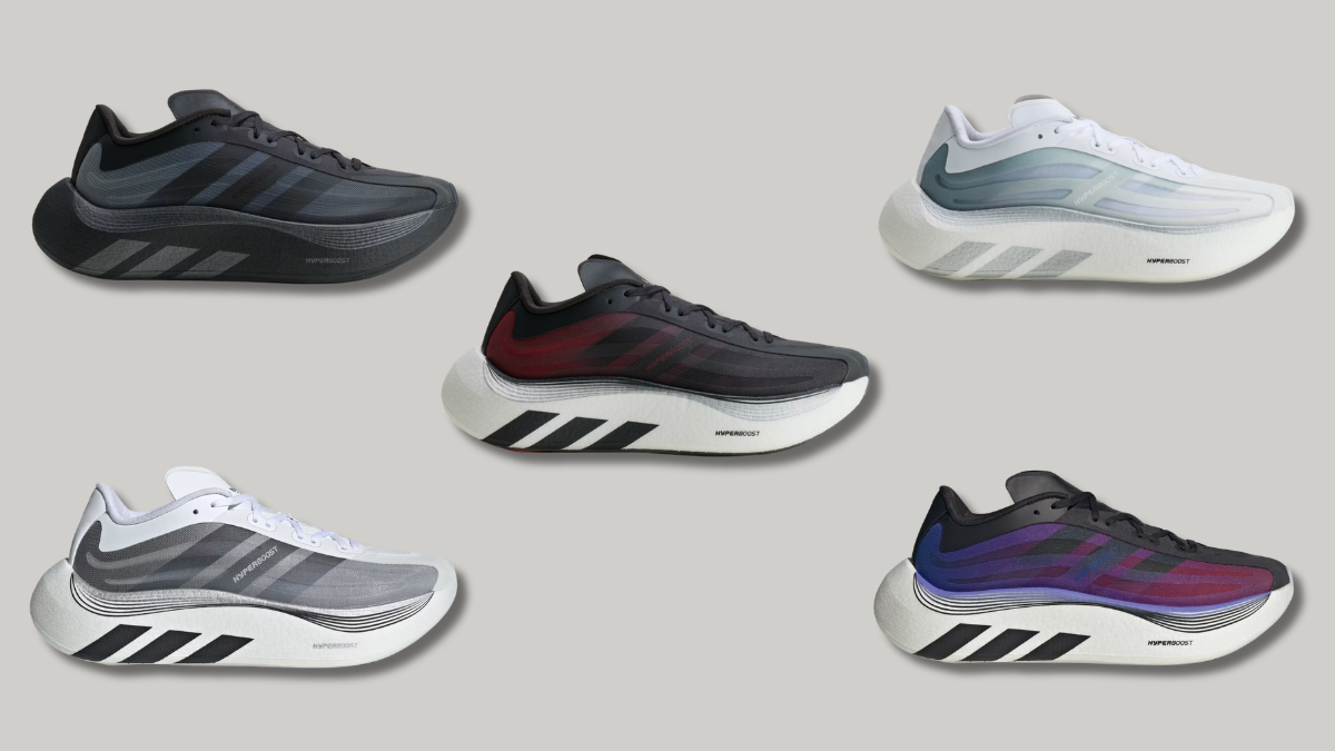 The app-exclusive drop bringing marathon bounce to streets 1 Five adidas Hyperboost Euphoria LT sneakers in various black, white, red, and blue colourways shown on a grey background.