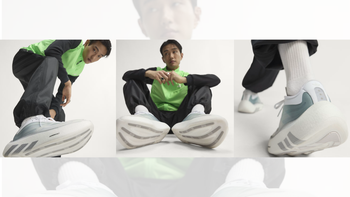 The app-exclusive drop bringing marathon bounce to streets 2 Three panels showing a male model in a green top and black trousers wearing white adidas Hyperboost Euphoria LT sneakers.