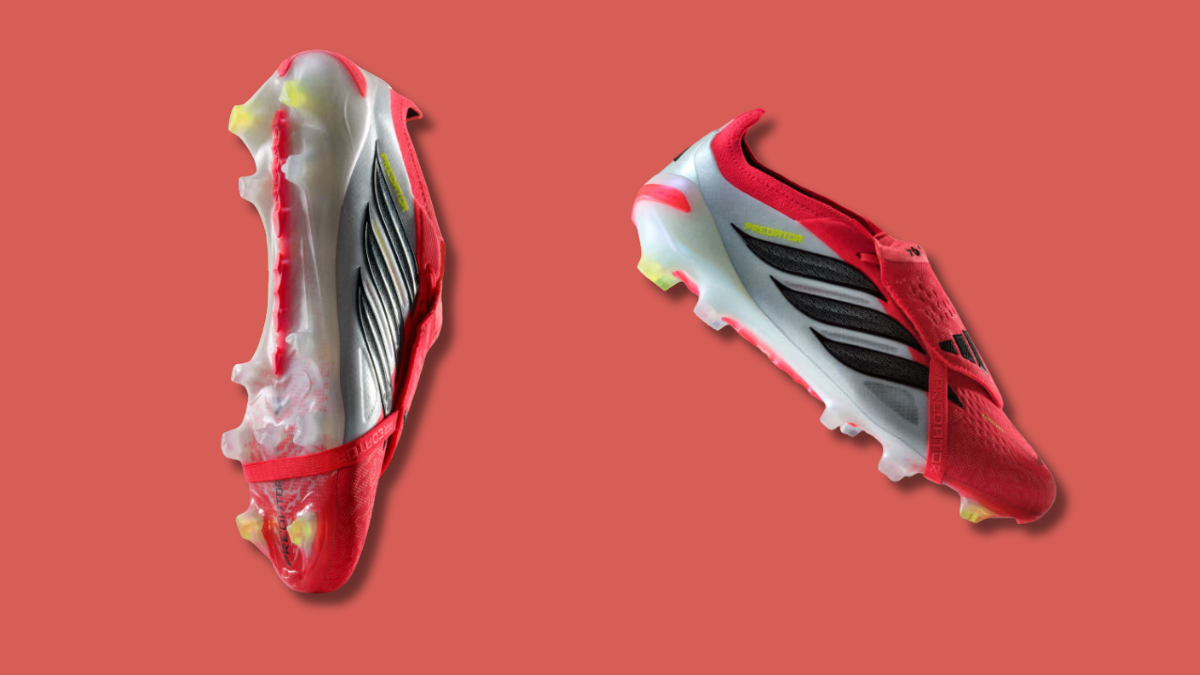 The footwear defining this season of global football 2 Red and silver football boots showing a cleated soleplate on the left and a side profile on the right, displaying footwear.
