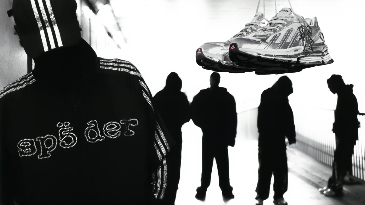 Can a punk streetwear label redesign an iconic football shoe? 1 A rhinestone jacket stands on the left while silver sneakers hang by laces in front of blurred silhouettes in a tunnel.