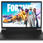 Black Alienware laptop open facing forward displaying colourful game artwork on screen, studio shot.