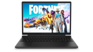 Black Alienware laptop open facing forward displaying colourful game artwork on screen, studio shot.