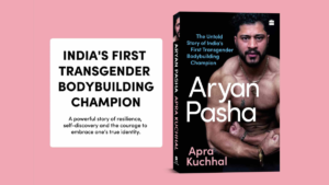 White text box alongside a book cover showing a muscular man flexing, displayed on a pink background for the biography.