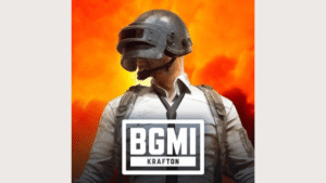 Character in a black military helmet and white shirt before a fiery orange background with the BGMI KRAFTON logo.