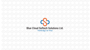 Blue Cloud Softech Solutions Ltd corporate logo with orange and blue icon centred on a white patterned background.