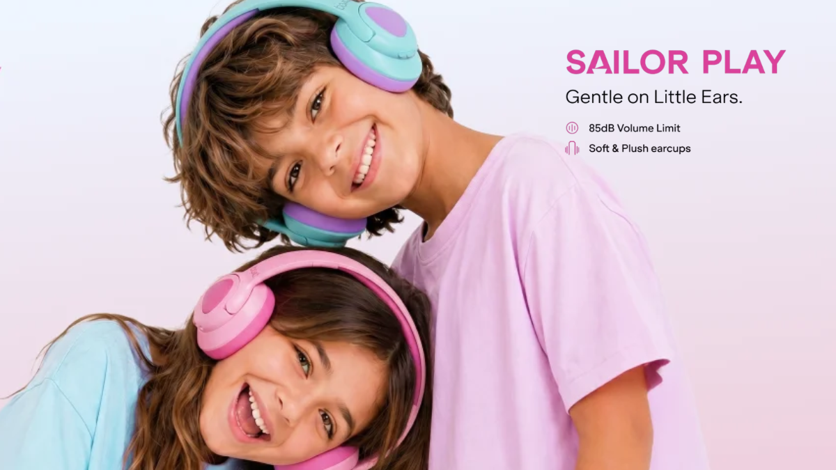 The tech that finally lets Indian parents breathe easier 1 Two smiling children wearing pastel pink and blue wireless over-ear headphones while posing against a light background.