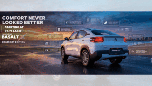 White Citroën Basalt SUV Coupé parked on wet coastal road at sunset with feature callout graphics.