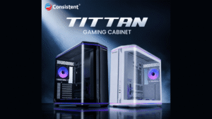 Black mid-tower cabinet on the left and white cabinet on the right with purple illuminated cooling fans inside the chassis.