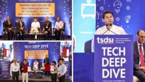 Collage of officials on a conference stage, men holding folders, and a speaker at a blue TSDSI podium in India.