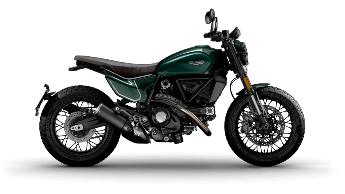 A right-side profile shot of an emerald green motorcycle with black wire-spoke wheels against a white background.