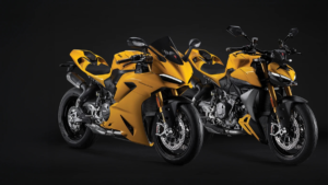 Yellow Ducati Panigale V2 S on the left and a yellow Streetfighter V2 S on the right against a black background livery.