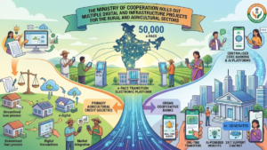 Farmers on the left, an Indian map at the centre, and city buildings with smartphones on the right, infographic.