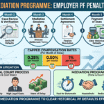 Infographic showing a six-month settlement timeline, compensation rates, and process benefits for Indian employers.