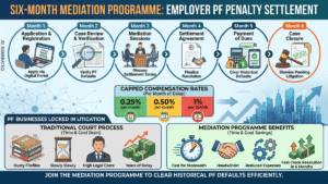 Infographic showing a six-month settlement timeline, compensation rates, and process benefits for Indian employers.