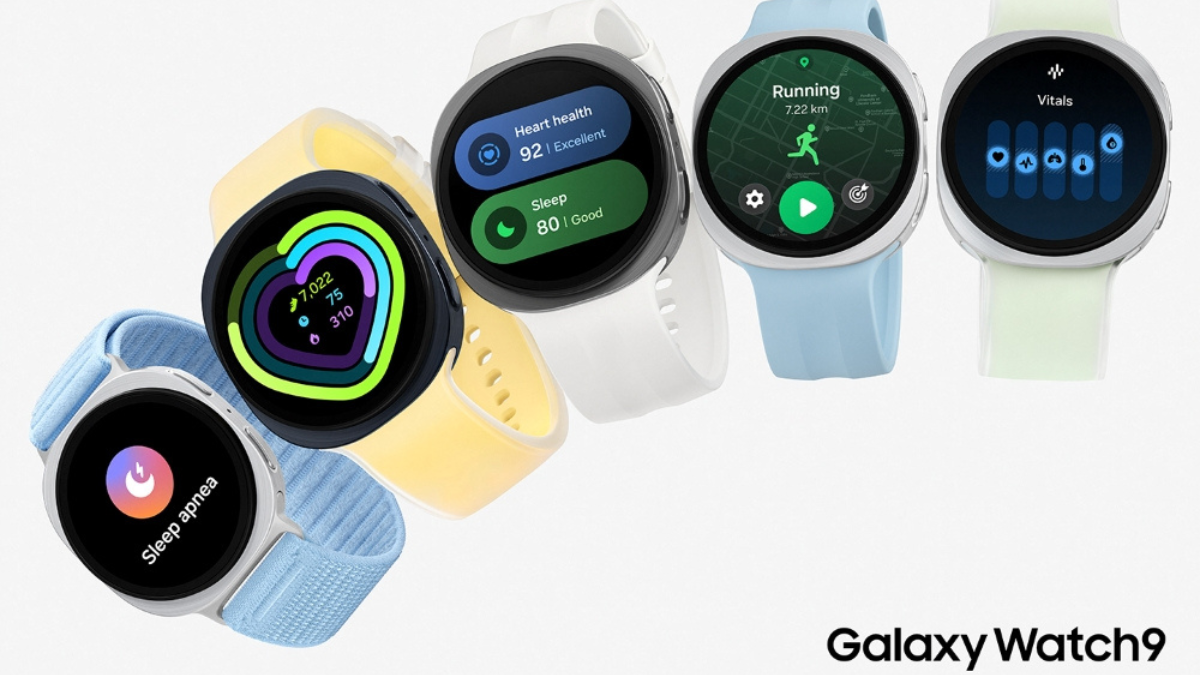 Samsung’s 3nm Watch Ultra2 and Watch9 arrive in India starting at ₹38,999 2 Five Galaxy Watch9 models in blue, yellow, white, and green showing sleep apnea, running, and vitals screens.