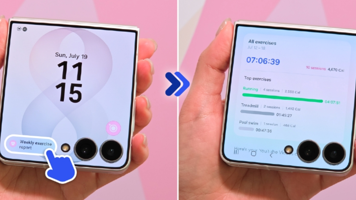 Can a 4.1-inch cover display stop you from unfolding? 2 Two panel comparison showing hand tapping exercise report prompt on cover display to open health widget. Automation.