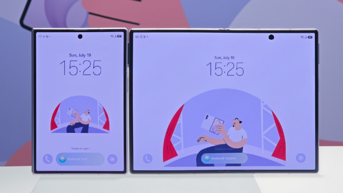 Samsung splits its foldable range into two distinct designs 2 Samsung Galaxy Z Fold8 cover screen on left next to unfolded main screen on right displaying digital lock screen.