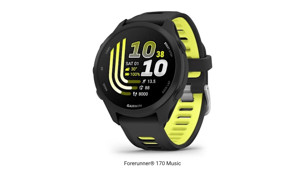 This trio finally makes premium running metrics accessible 1 Garmin Forerunner 170 Music smartwatch featuring a black and amp yellow dual-colour silicone strap.