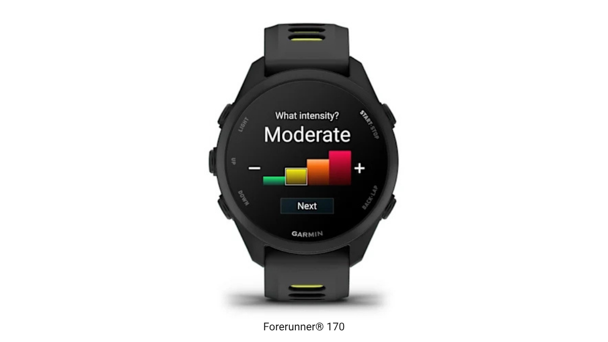 This trio finally makes premium running metrics accessible 2 Front view of a black Garmin Forerunner 170 smartwatch displaying a moderate intensity bar chart menu.