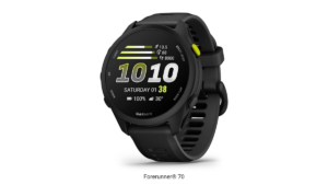 A black Garmin Forerunner 70 running smartwatch showing time and step metrics on a circular screen.