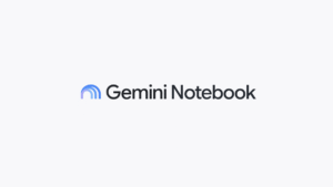 Blue arched icon alongside text reading Gemini Notebook centred on a plain white background.