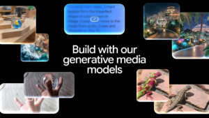 White text on black background reading build with our generative media models surrounded by floating image preview cards.