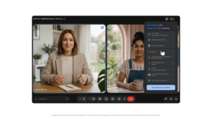 Google Meet layout showing two women in a video call and a Gemini note-taking panel open on the right side web window.