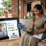 A digital portal screen next to a woman in a sari using a mobile tablet device in a rural Indian village setting.