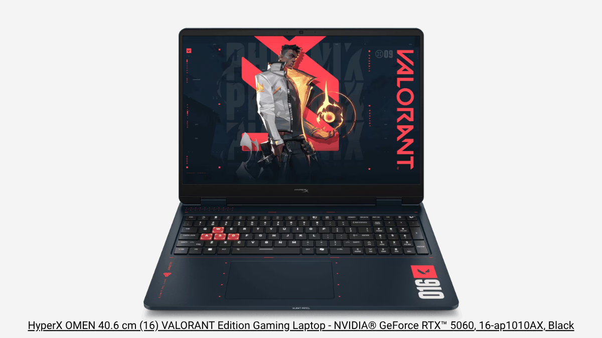 Open black laptop shown from the front with red WASD keys, large trackpad and character art on screen.