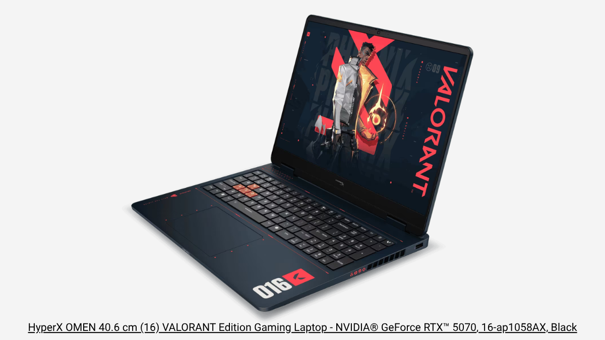 Angled view of an open black laptop showing keyboard layout with red accent keys, trackpad and game wallpaper.