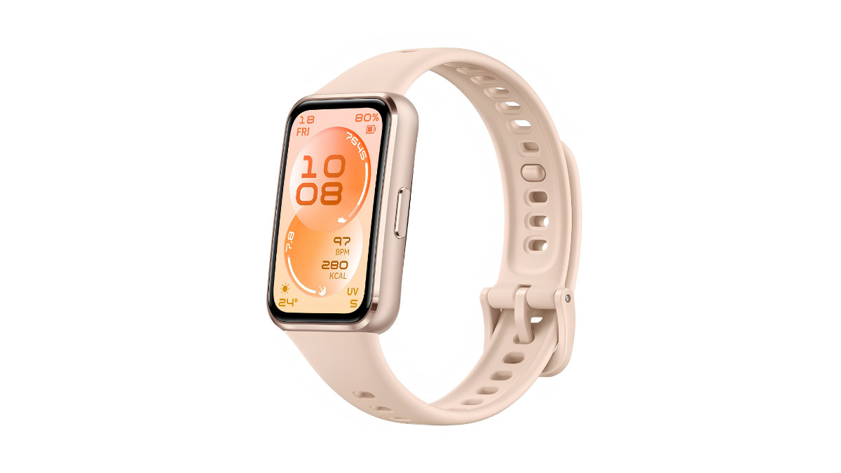 A fitness tracker with a beige polymer strap and a peach-coloured digital display showing the time on a white background.