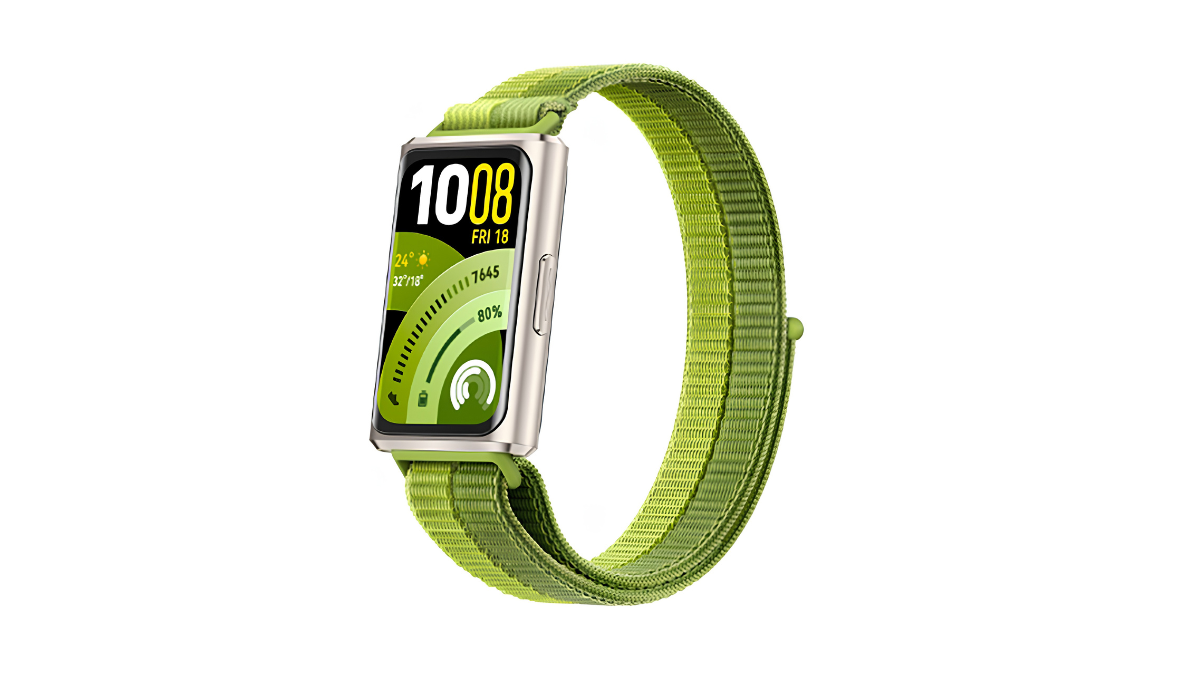 Fitness tracker with a green woven nylon strap and a matching green digital watch face on a white background.
