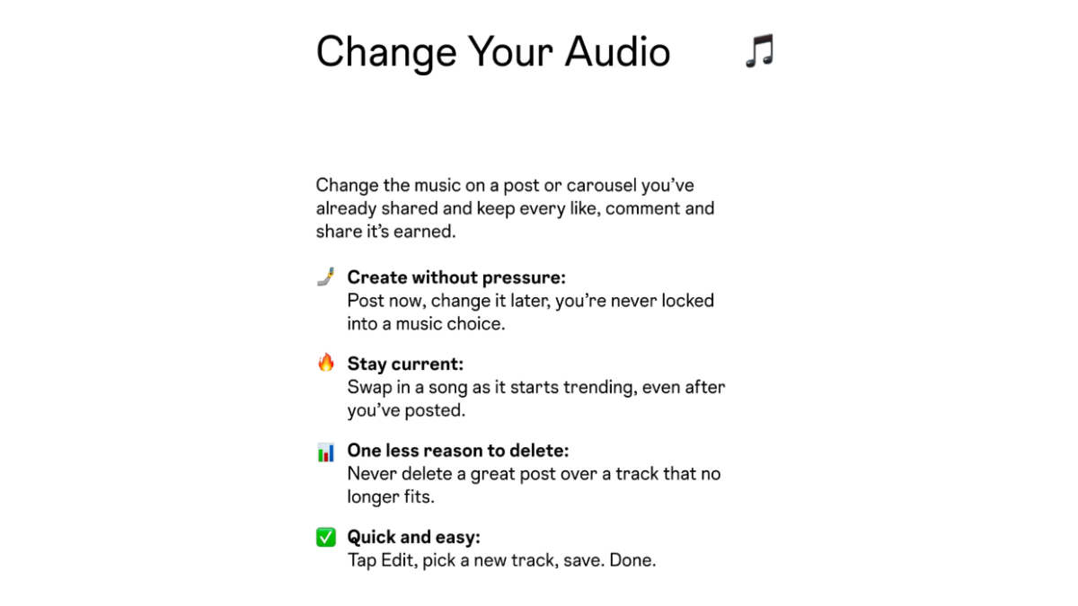 The update that ends the anxiety of choosing the wrong music 1 Heading reading Change Your Audio with a musical note icon above bullet points and emojis on a white background.