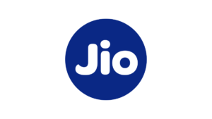 White Jio text inside a blue circle centred against a plain white backdrop, representing the television service provider.
