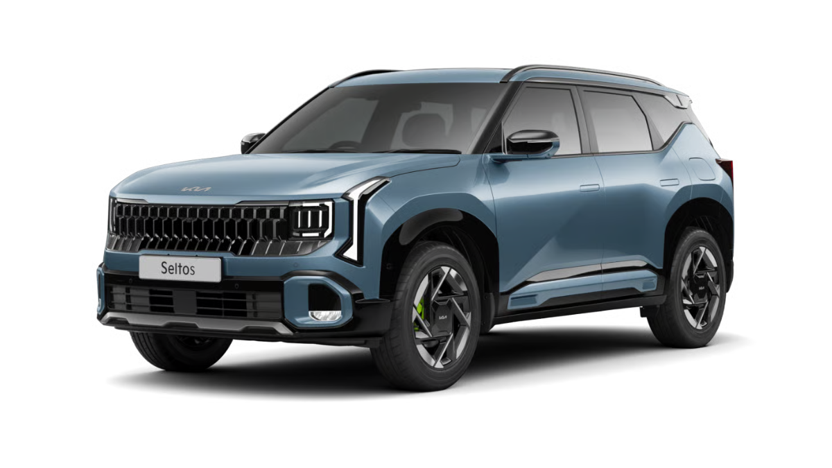 Blue SUV displayed at a three-quarter angle against a plain white studio background Seltos.