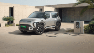 Silver Kia parked outdoors connected to a wall charger showing its front profile and side charging port in India.