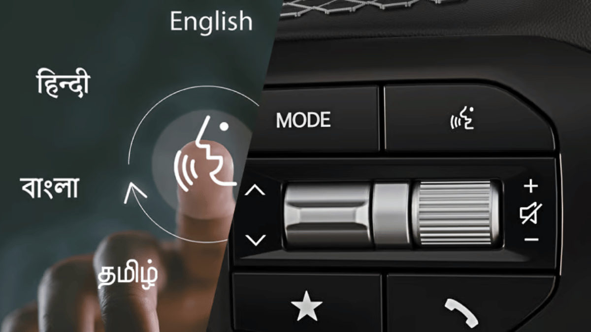 Split graphic showing regional text next to a voice icon alongside physical steering wheel control buttons for the Syros.