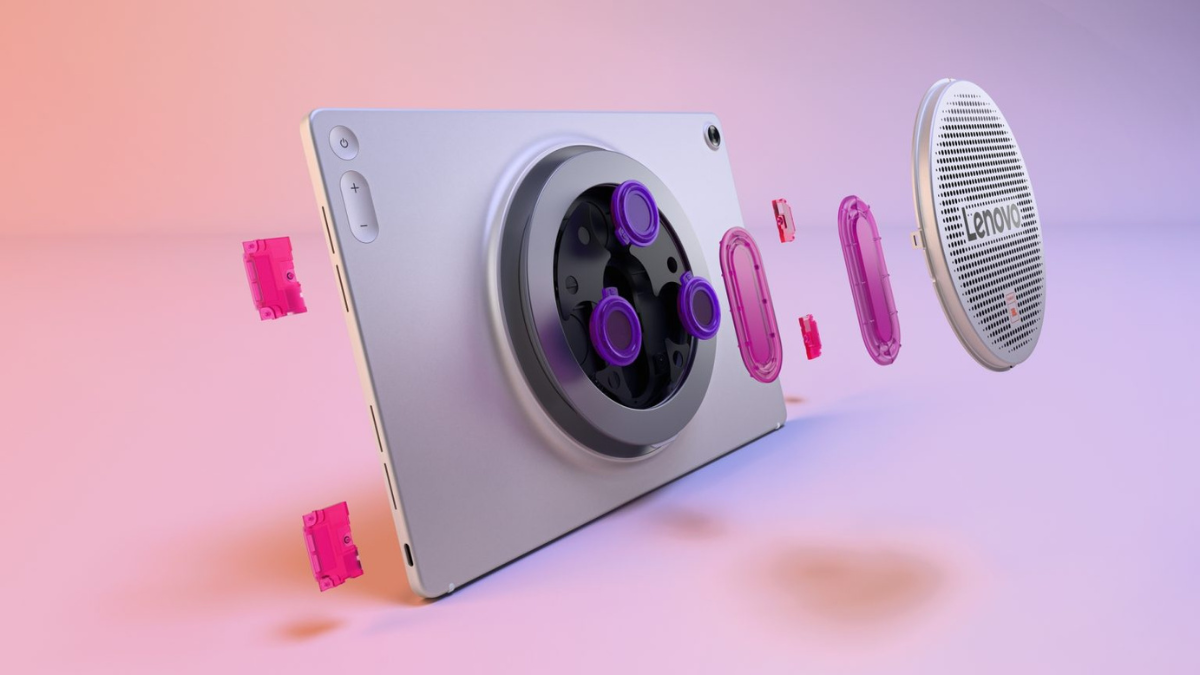Exploded view of a silver tablet showing internal purple speakers and a circular metal mesh grill floating outwards. Audio.