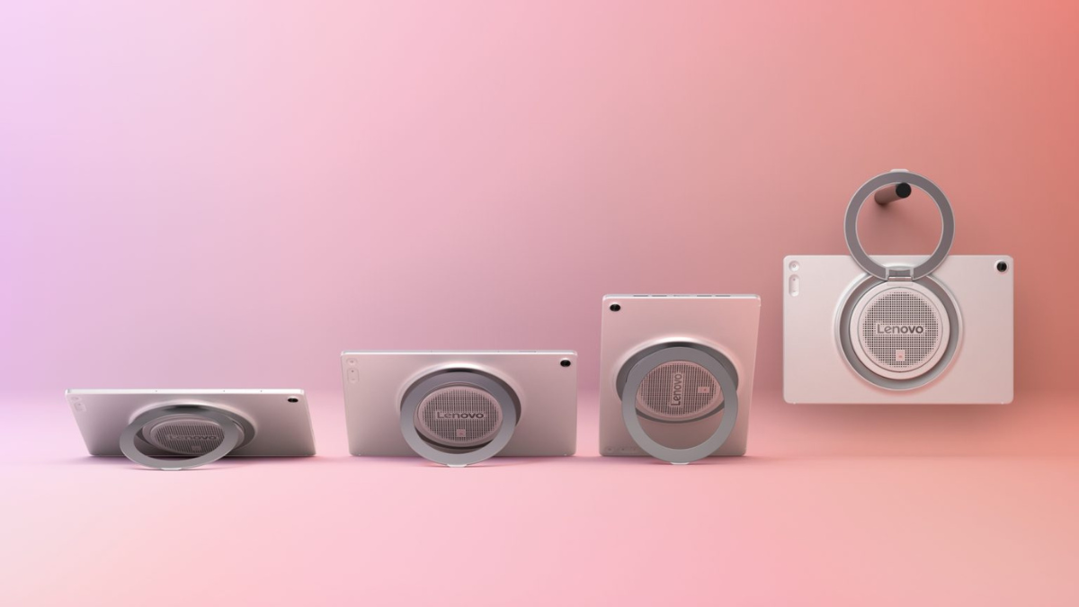 Four white tablets standing in a row demonstrating multiple angles and a wall hanging option via a circular stand. Design.