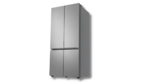 A four-door French door refrigerator in a grey steel finish shown closed against a white background for an India range.