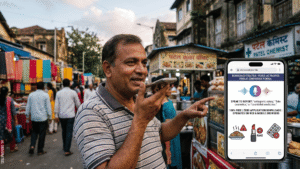 Man speaking into a mobile phone in an Indian street market beside a graphic of the Maharashtra FDA interface web page.