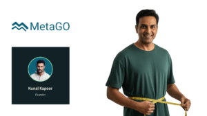 MetaGO logo and founder graphic beside a smiling man measuring his waist with a yellow tape against a white background.